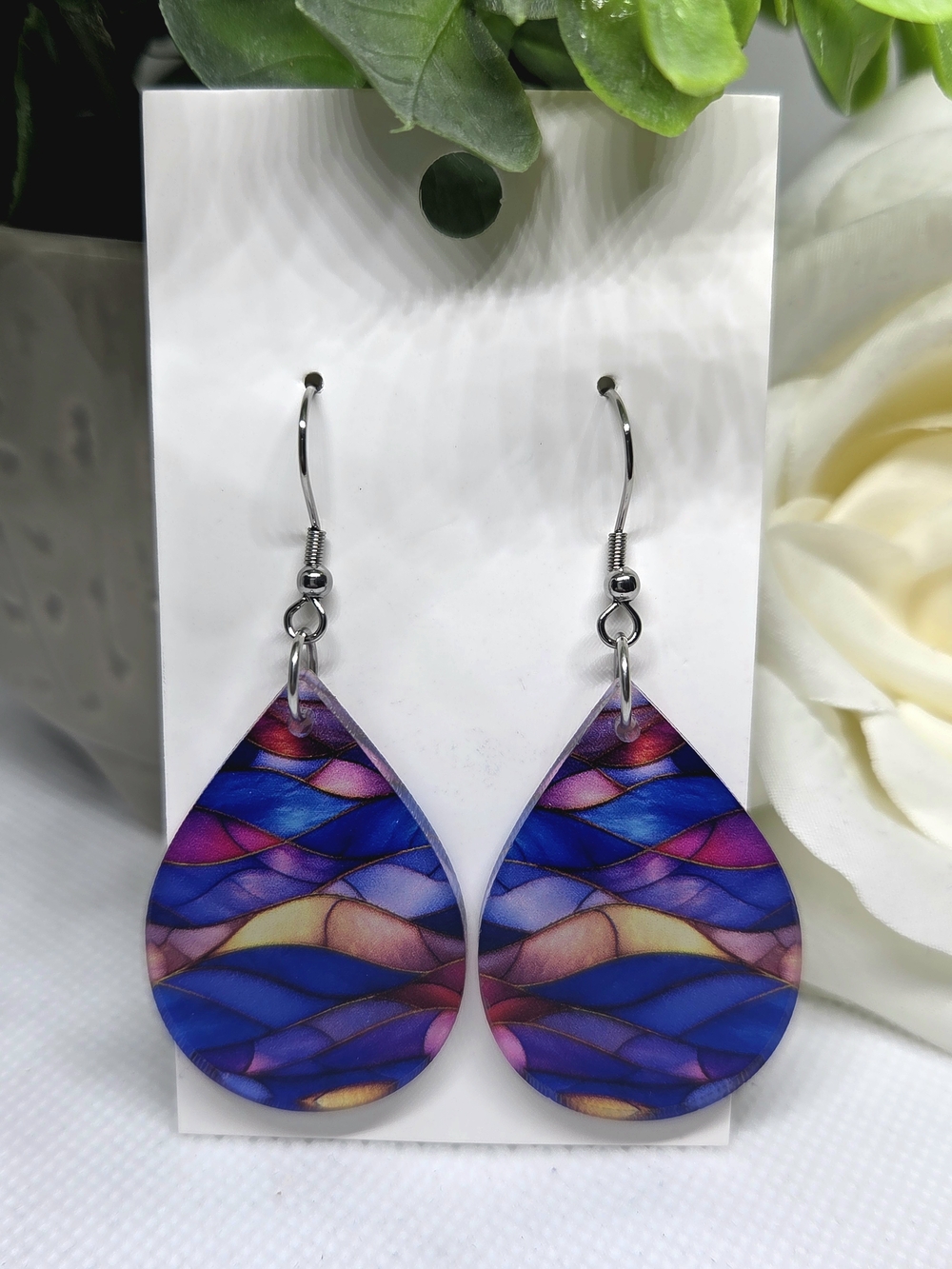 Teardrop Blue & Purple Stained Glass-Pattern Earrings
